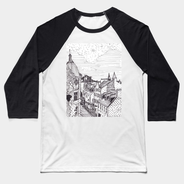 Aberdeen Town Scotland Pen Ink Drawing Baseball T-Shirt by Wall-Art-Sketch